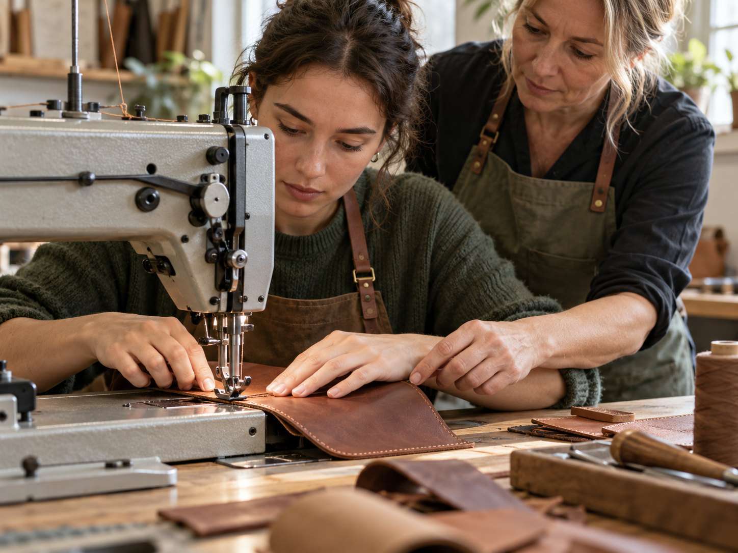 A trainer guiding a learner sewing leather on an industrial machine