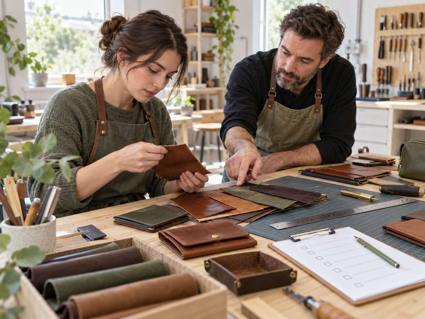 A learner and trainer checking leather materials and samples