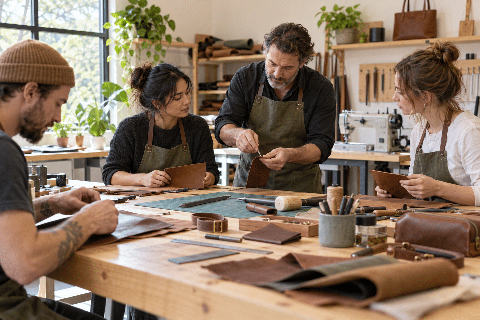 Adult learners practising leatherwork with an instructor in a workshop