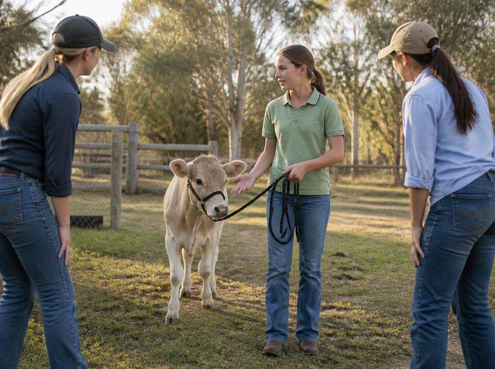 A learner leading a calf on a halter