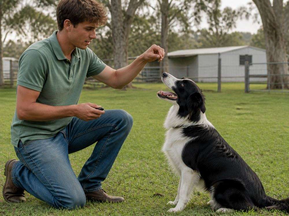 A learner using positive reinforcement to train a border collie