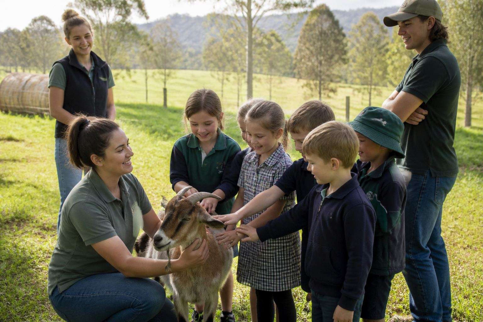 A learner guiding a group of school children as they pat a goat