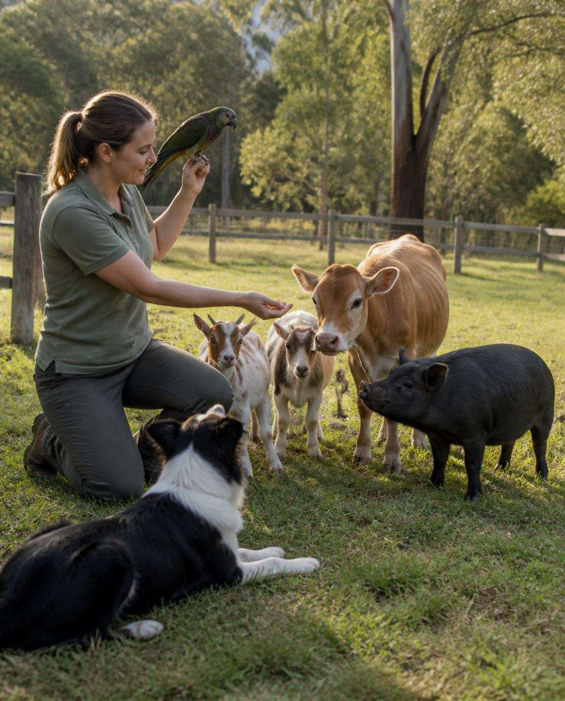 A learner training miniature goats, a miniature cow and a pig, with a border collie and a parrot